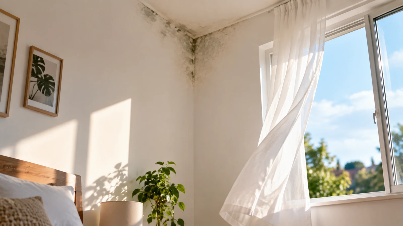 Canto de parede branca de quarto com mancha escura de mofo perto do teto e janela aberta com cortina ao vento