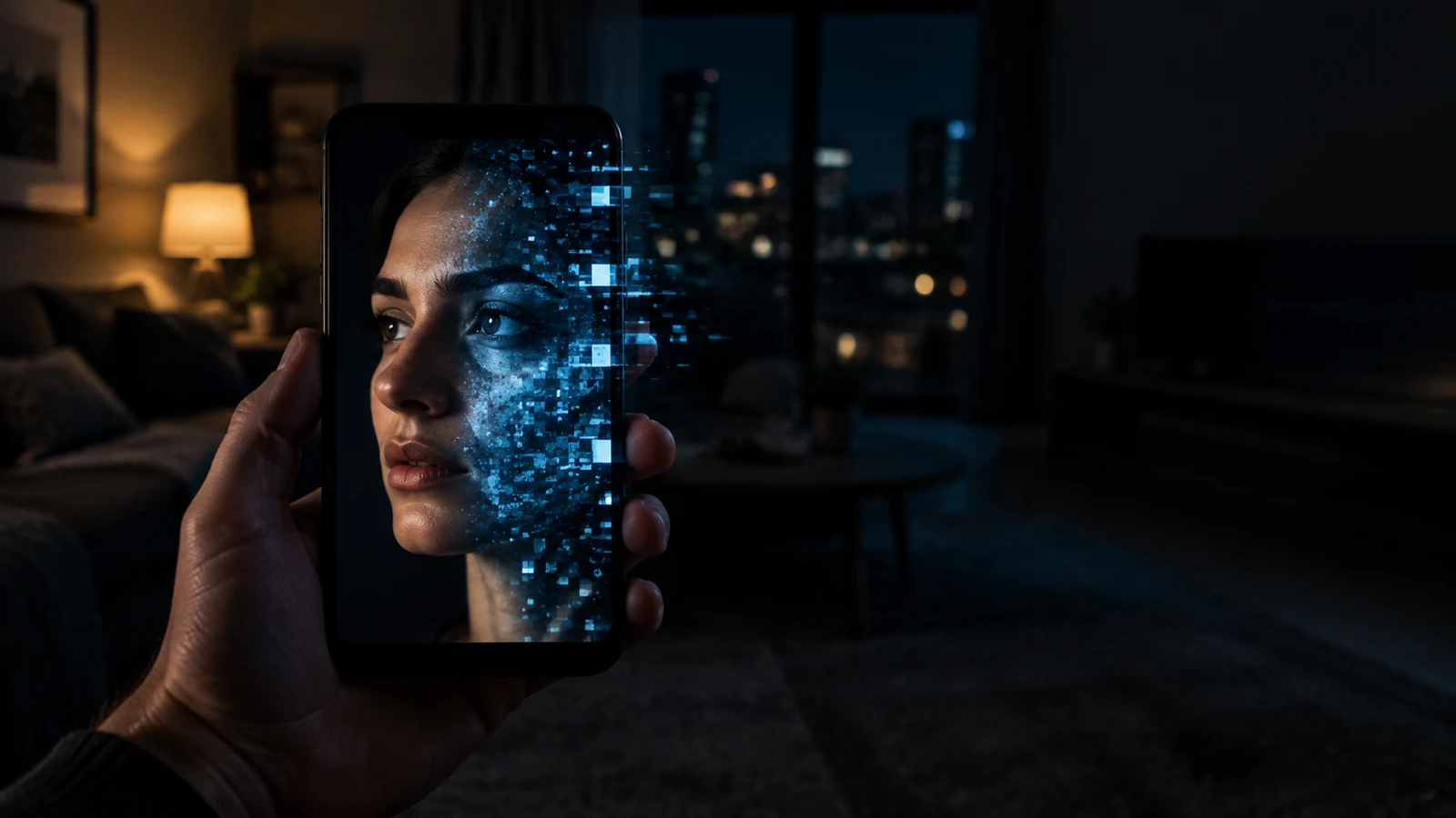 Mão segurando celular à noite com o rosto de uma mulher na tela, metade real e metade desfeita em pixels azuis