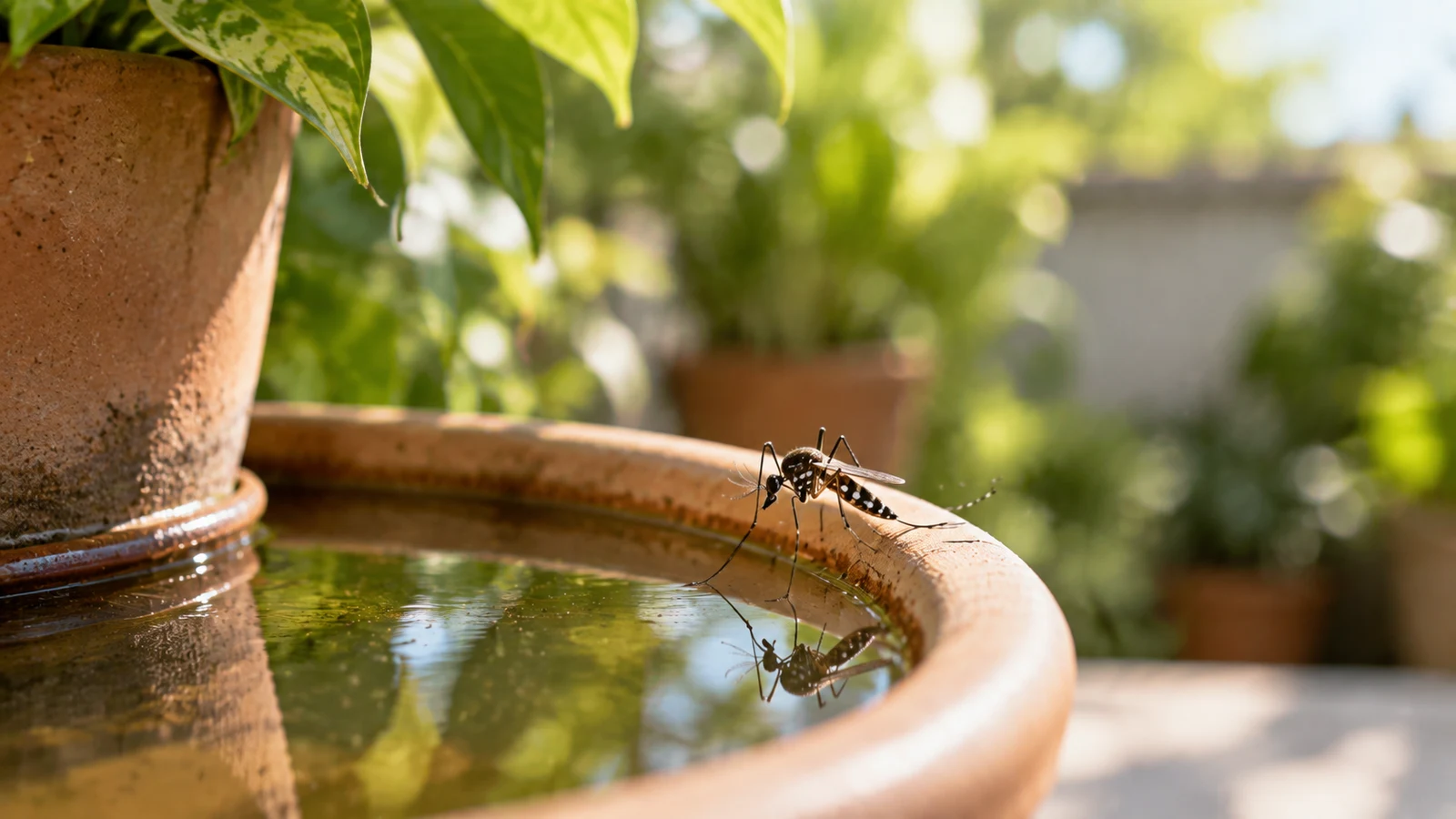 Mosquito pousado na borda de um pratinho de vaso com água parada, refletido na água, em um quintal ensolarado