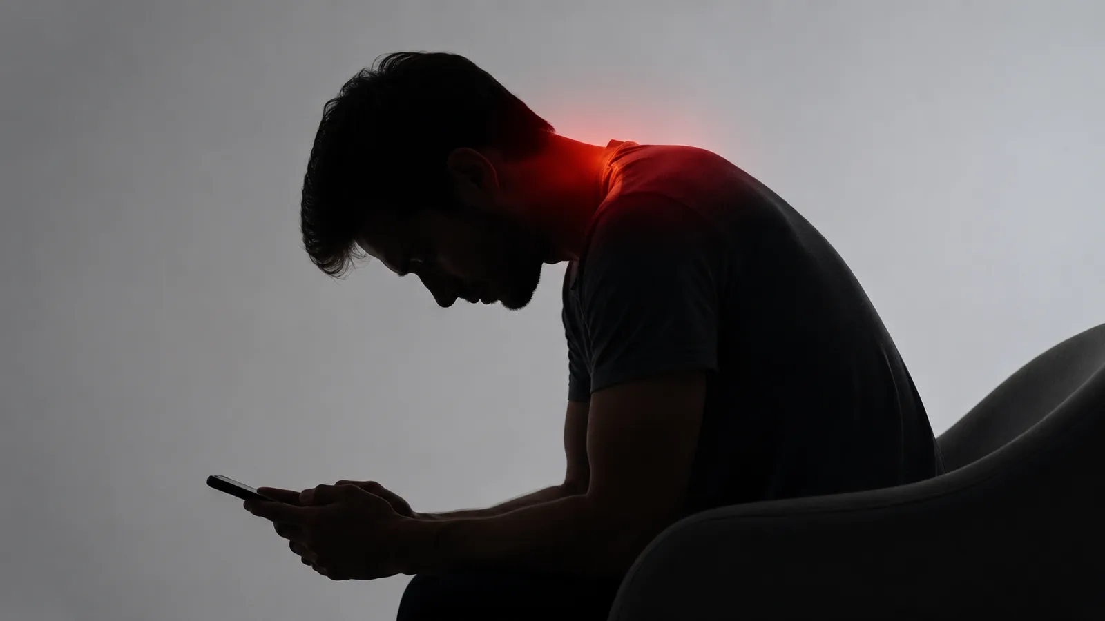 Persona con la cabeza baja mirando el celular, mostrando tensión en el cuello