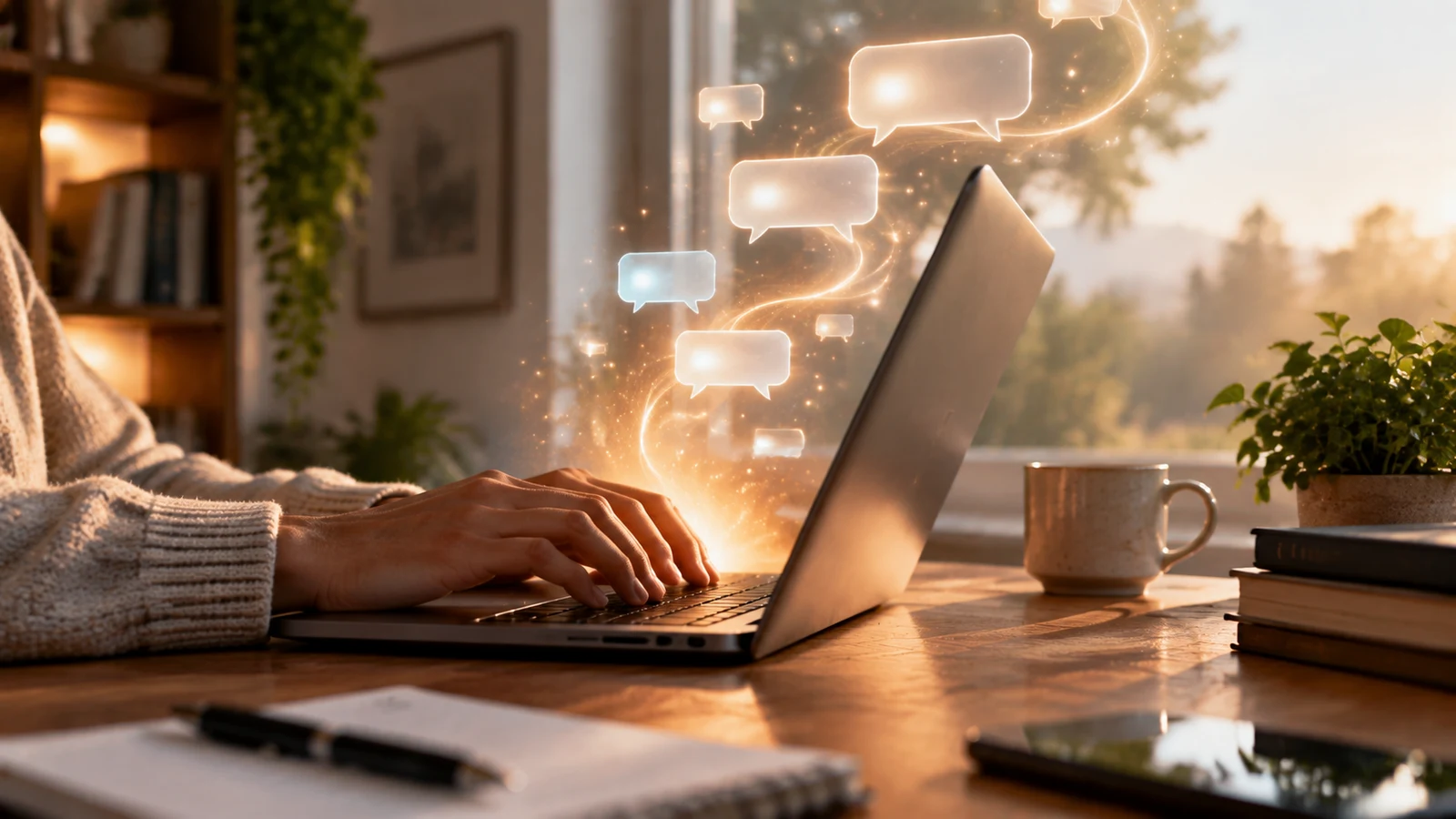 Mãos digitando em um notebook com balões de conversa luminosos saindo da tela, ao lado de xícara e planta