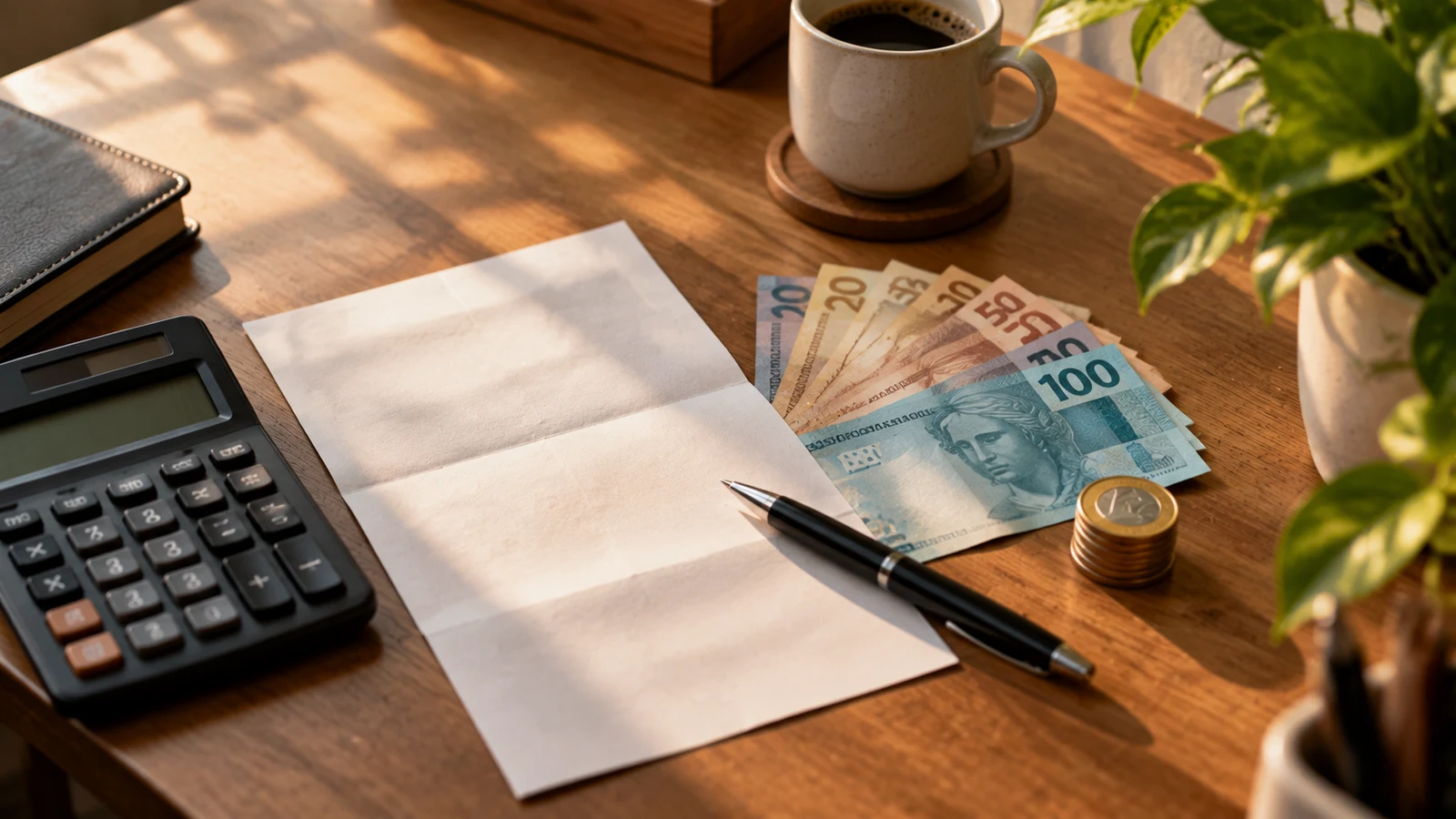 Calculadora, folha em branco, caneta, notas de real e moedas sobre mesa de madeira com luz de manhã
