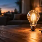Lamp on a wooden table at dusk, with its plug pulled out beside it, in a living room