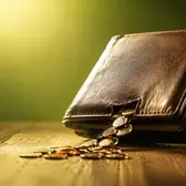 Cartera abierta y vacía con monedas que caen