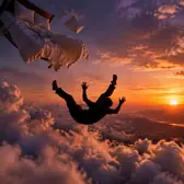 Silhouette of a person falling backward through clouds at sunset, with a bed floating in the sky