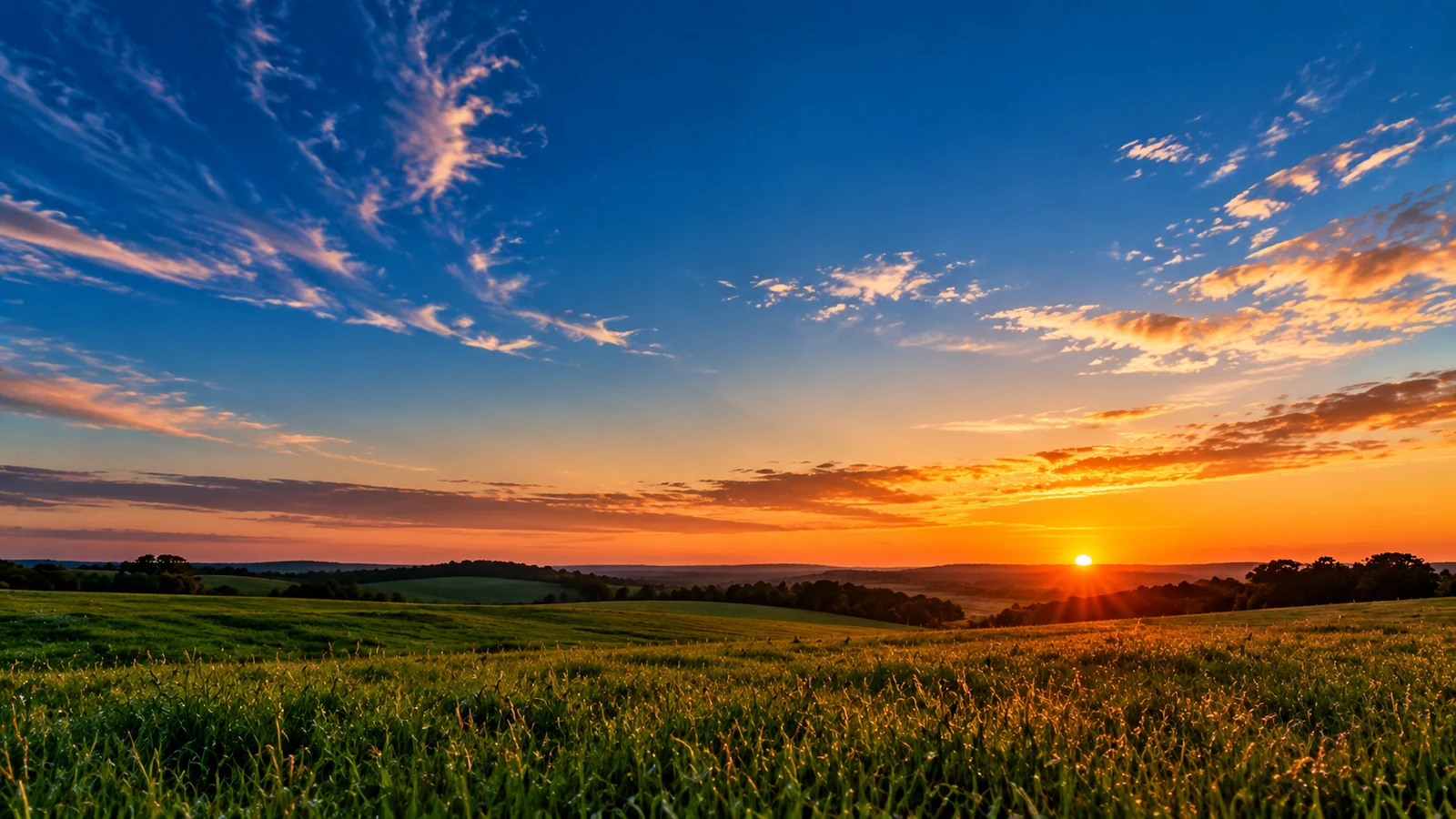 Campo verde ao entardecer sob céu que vai do azul intenso no alto ao laranja no horizonte, com o sol se pondo