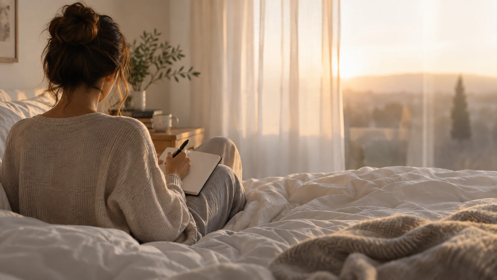 Mulher sentada na cama ao amanhecer escrevendo em um caderno, com a luz do sol entrando pela janela