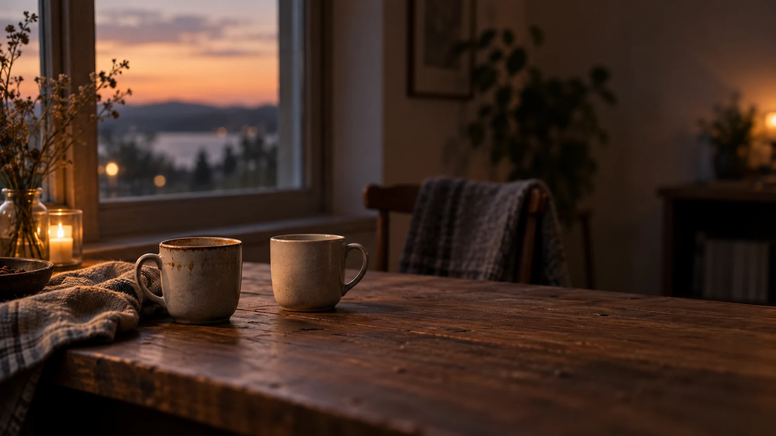 Duas xícaras sobre mesa de madeira ao lado da janela ao entardecer, com uma cadeira vazia ao fundo