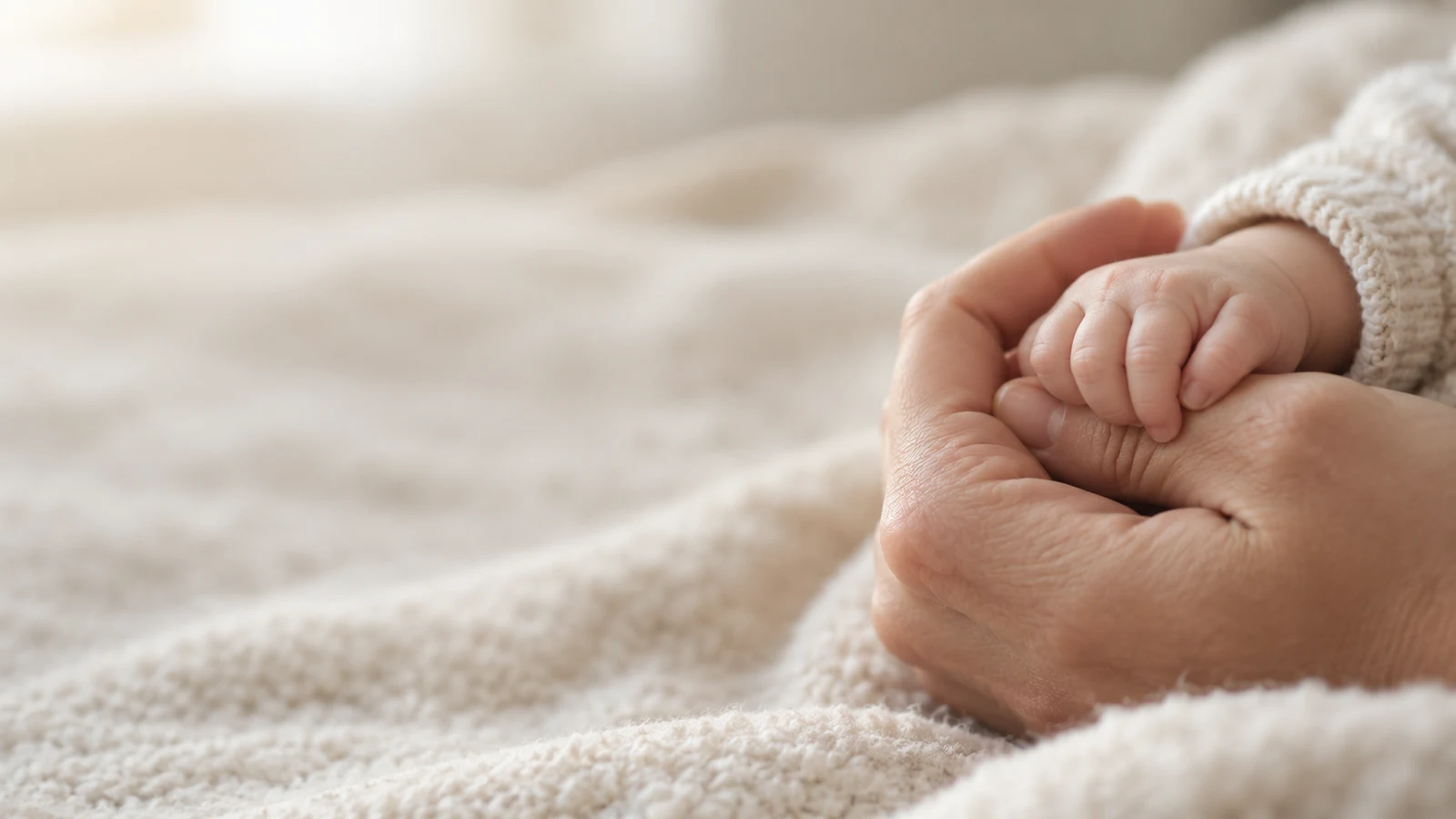 Mão de adulto segurando a mãozinha de um bebê sobre uma manta clara, em luz suave