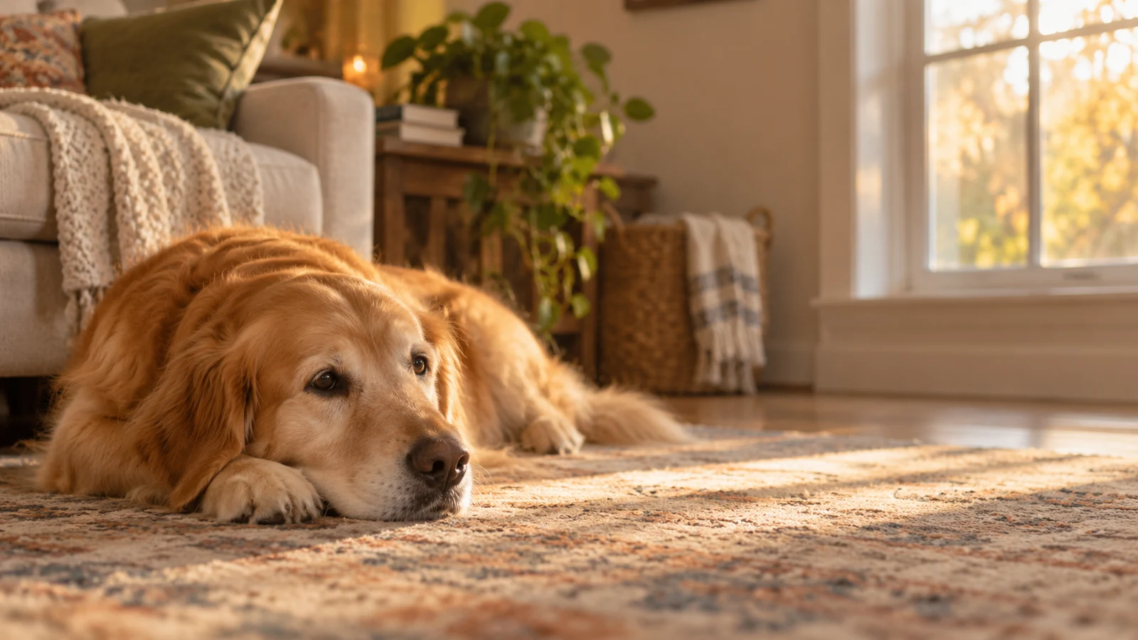 Cachorro golden retriever deitado no tapete da sala, com a luz do fim de tarde entrando pela janela