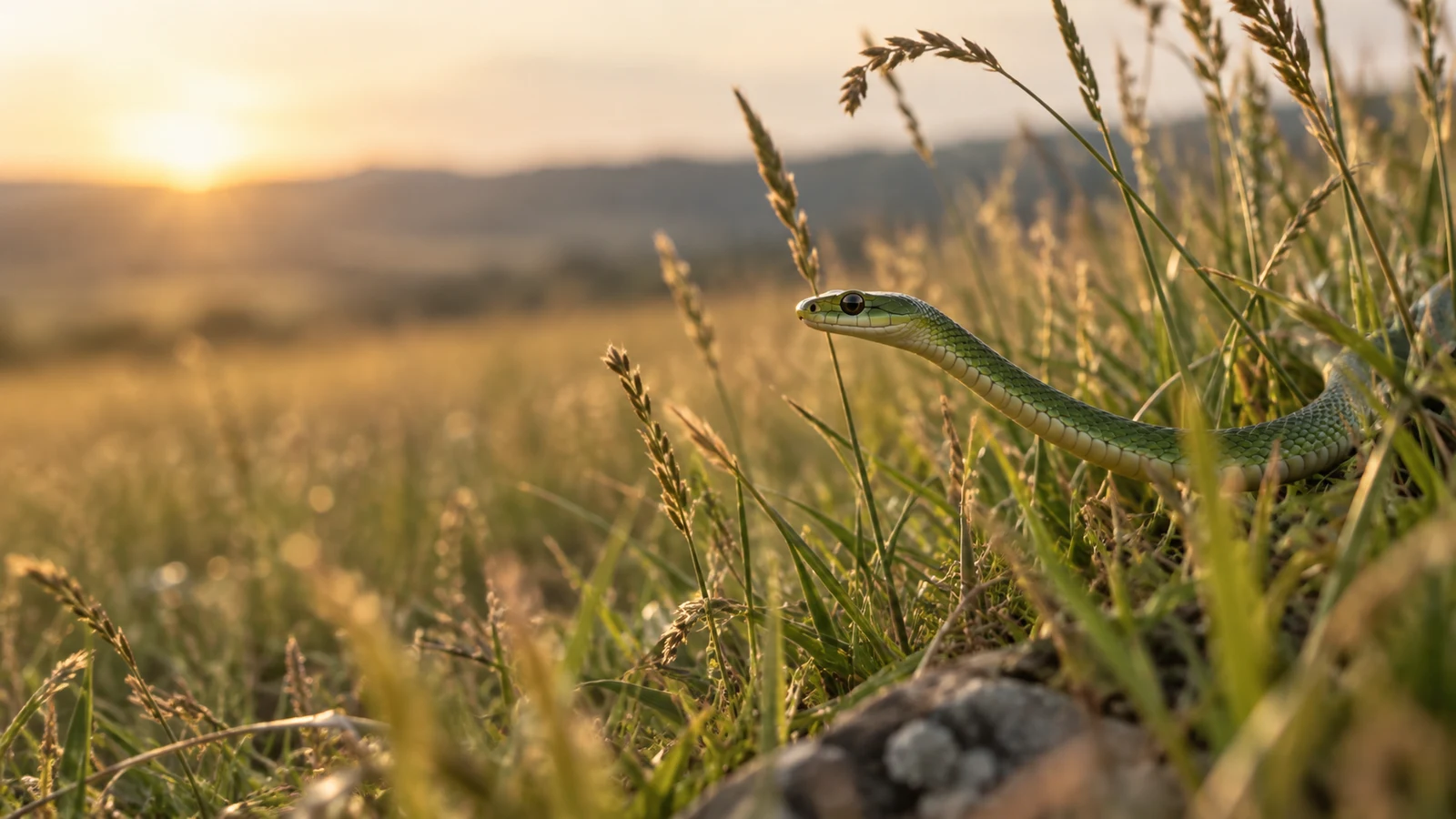 Cobra verde na grama alta ao entardecer, com o campo e o sol baixo ao fundo
