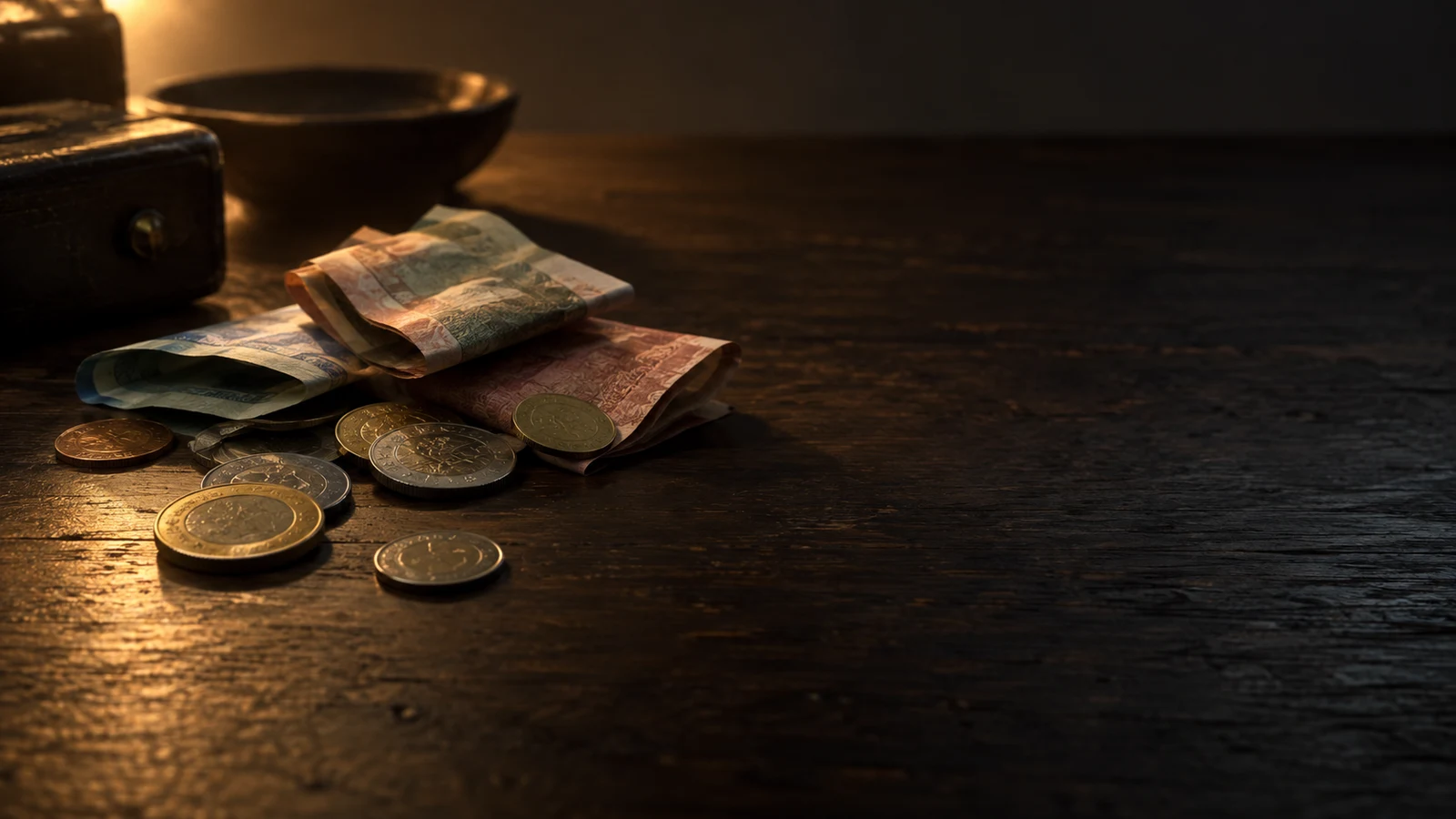 Notas dobradas e moedas espalhadas sobre mesa de madeira escura, sob luz quente e suave