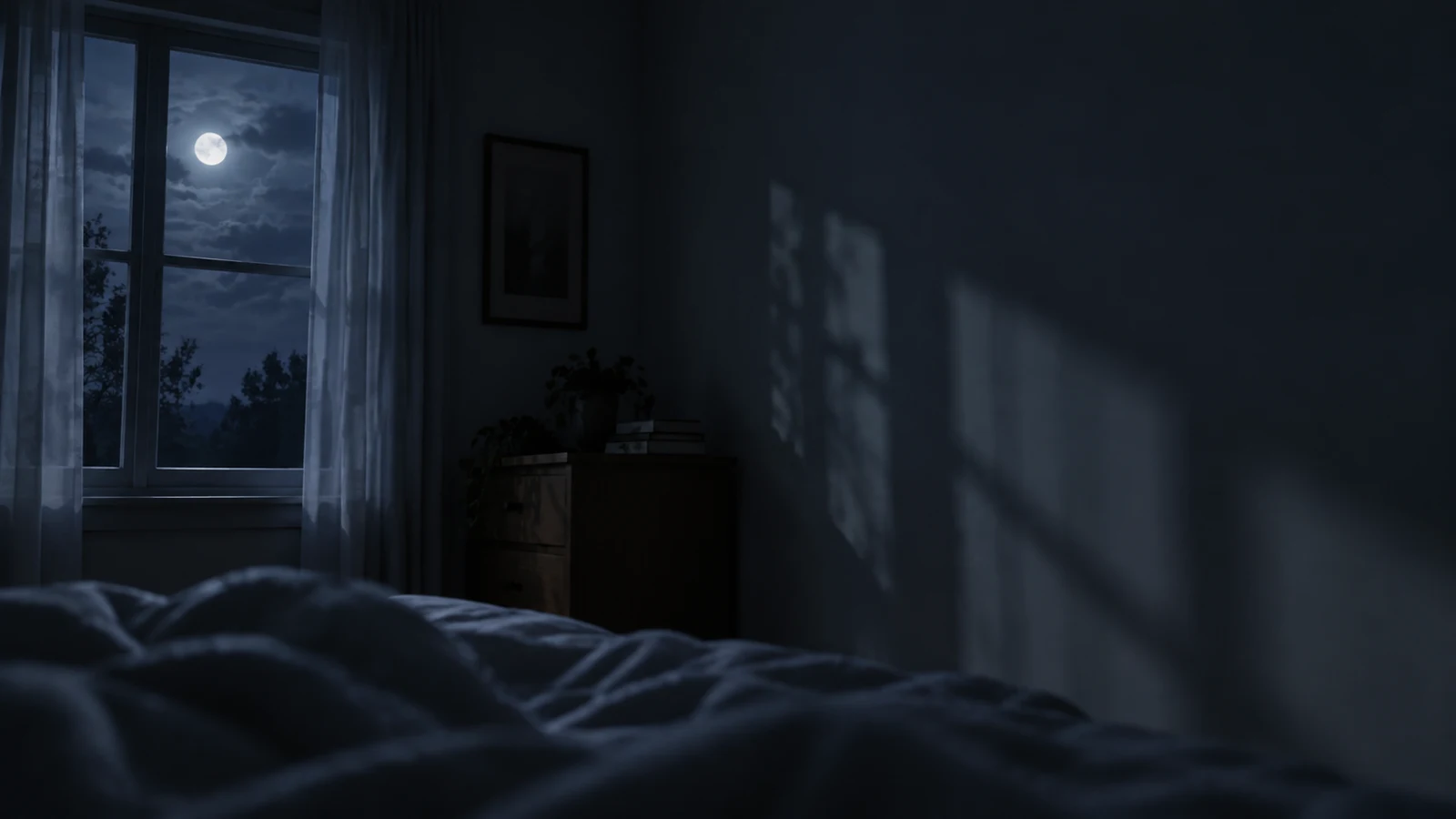 Quarto escuro visto da cama, com a lua na janela e sombras da grade projetadas na parede