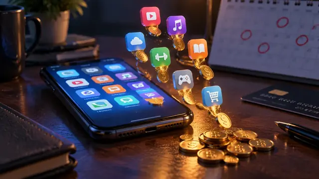 Celular com ícones de aplicativos saindo da tela e virando moedas douradas, com calendário marcado e cartão ao fundo