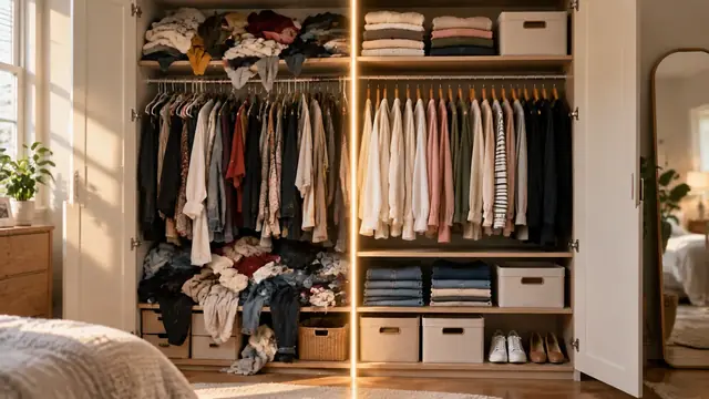 Guarda-roupa aberto dividido por uma linha de luz: metade bagunçada e metade organizada com cabides iguais e caixas
