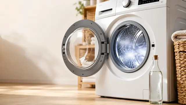 Máquina de lavar com a porta aberta e uma garrafa de vinagre ao lado