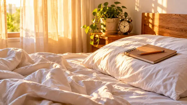 Brown notebook with a pencil on the pillow of an unmade bed, with an alarm clock and a plant on the nightstand in golden morning light