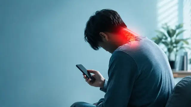 Homem olhando o celular com a cabeça inclinada e o pescoço destacado em vermelho