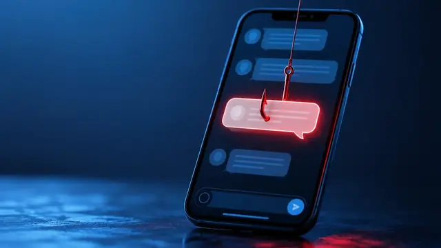 Celular com uma conversa e um anzol puxando uma mensagem destacada em vermelho