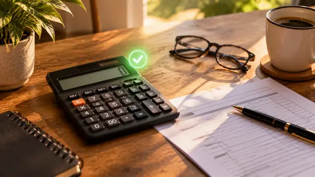 Calculadora com um sinal verde de aprovado, formulário de imposto, caneta, óculos e café sobre mesa de madeira à luz da manhã