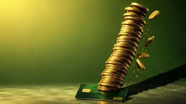 Pilha inclinada de moedas douradas crescendo sobre um cartão de crédito verde