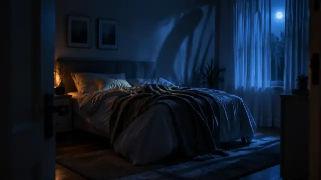 Dark bedroom at night with a moonlit curtain and a long shadow cast on the wall beside the bed