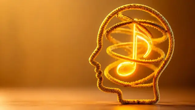 Silhueta de cabeça em néon com uma nota musical em espiral dentro
