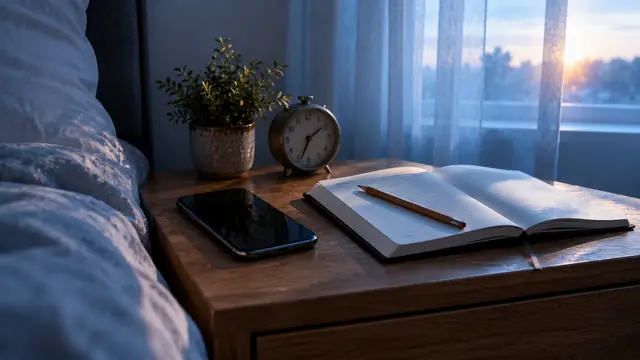 Open notebook with a pencil, a phone and an alarm clock on a bedside table, with a light curtain and the bluish light of dawn behind