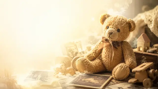 Ursinho de pelúcia com brinquedos e fotos antigas