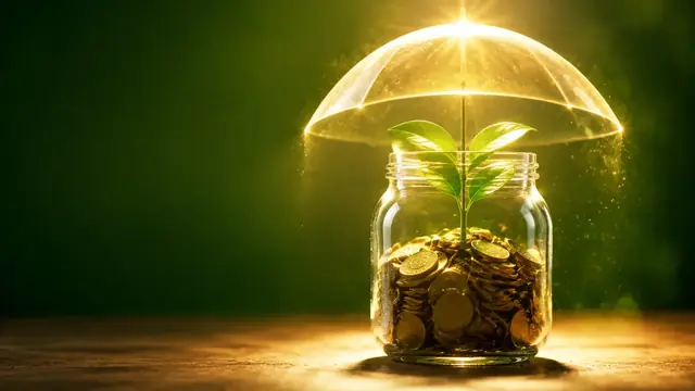 Pote de vidro com moedas e uma planta, protegido por um guarda-chuva iluminado