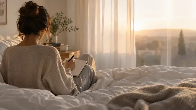Woman sitting in bed at sunrise writing in a notebook, with light coming through the window