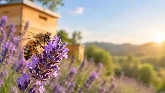 Abelha pousada em uma flor de lavanda com luz suave da manhã e colmeia de madeira desfocada ao fundo