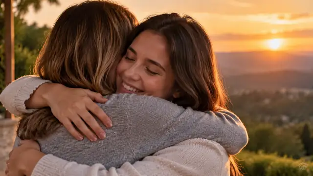 Duas mulheres se abraçando com carinho ao ar livre ao pôr do sol, com montanhas e luz dourada ao fundo
