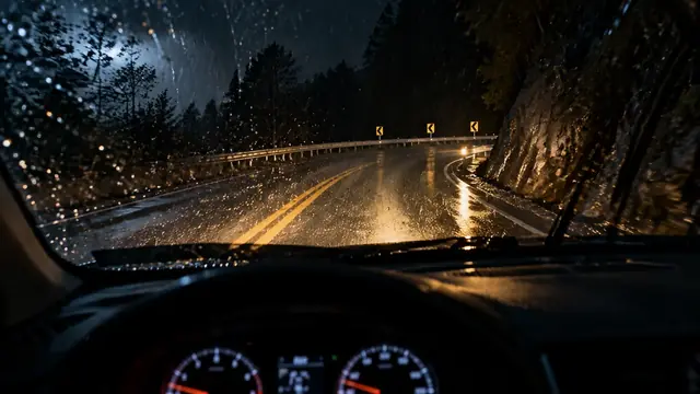 Estrada molhada à noite vista pelo para-brisa, com faróis refletindo na chuva e uma curva escura à frente