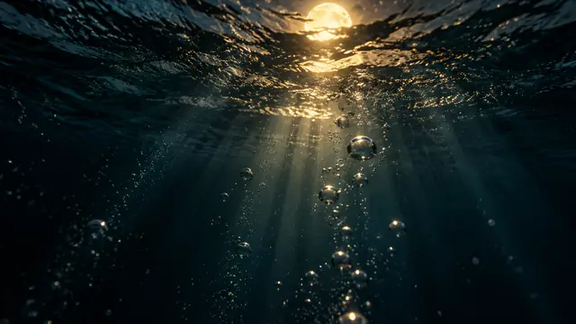 Surface of a dark lake seen from below, with moonlight crossing the water in beams and air bubbles slowly rising toward the sky