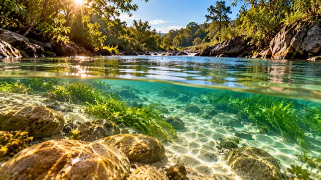 Rio de água cristalina sobre fundo de pedras claras e areia, com plantas aquáticas verdes e raios de sol da manhã atravessando a superfície transparente