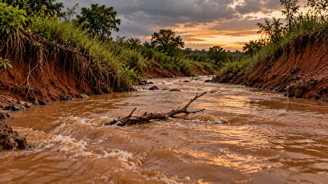 Arroyo de agua barrosa marrón corriendo entre barrancos de tierra roja, con una rama seca flotando en el centro de la corriente bajo el cielo nublado del final de la tarde