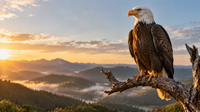 Águila de plumas marrones y cabeza clara posada en una rama seca frente a un cielo amplio del final de la tarde, con montañas desenfocadas al fondo