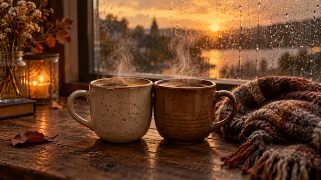 Duas canecas de café fumegantes lado a lado numa mesa de madeira junto a uma janela com gotas de chuva, com folhas de outono, manta xadrez e uma lanterna acesa ao entardecer