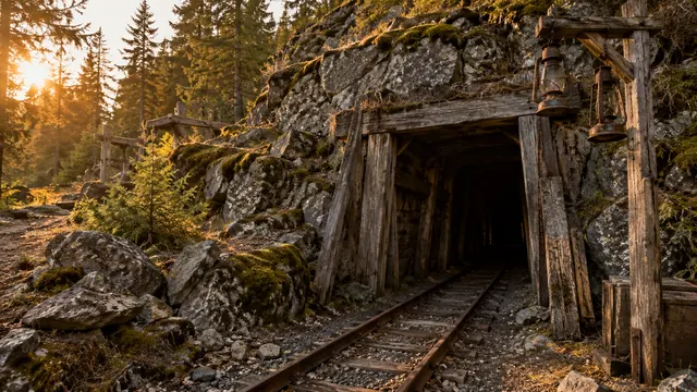 Entrada de uma mina antiga na encosta de uma montanha, com trilhos de madeira, lanternas apagadas e luz do fim de tarde