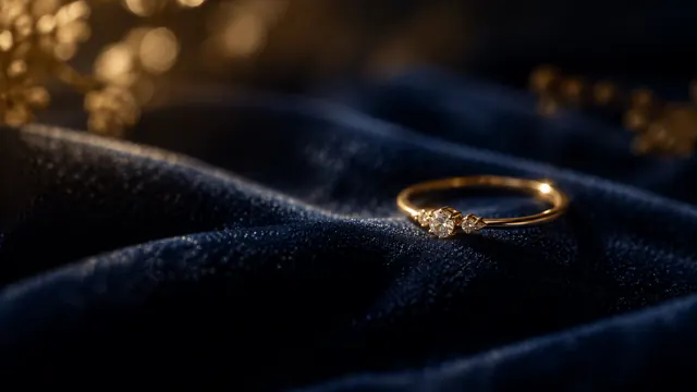 Anel dourado fino com uma pequena pedra brilhante sobre um tecido de veludo azul-escuro, com reflexos suaves de luz