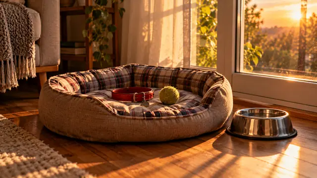 Plaid pet bed on a wooden floor with a red collar, a tennis ball and a metal bowl, beside a window with golden late-afternoon light