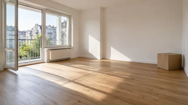 Empty apartment living room with light wooden floors, a large open window facing buildings in the background and morning light coming in, no furniture