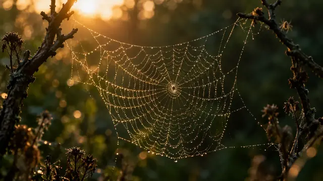 Dew-covered spider web at sunrise, with a soft green blurred background