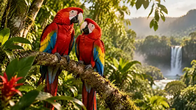Duas araras vermelhas pousadas num galho na floresta tropical, com uma cachoeira e vegetação verde ao fundo