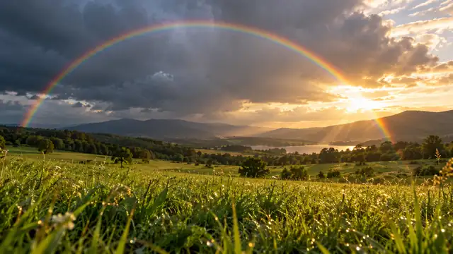 Arco-íris sobre um campo verde e dourado com colinas e um lago ao fundo, sob nuvens escuras se abrindo e o sol baixo