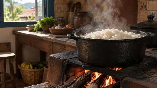 Arroz branco soltinho numa panela de ferro sobre fogão a lenha, com vapor subindo e luz natural da janela de uma cozinha rústica