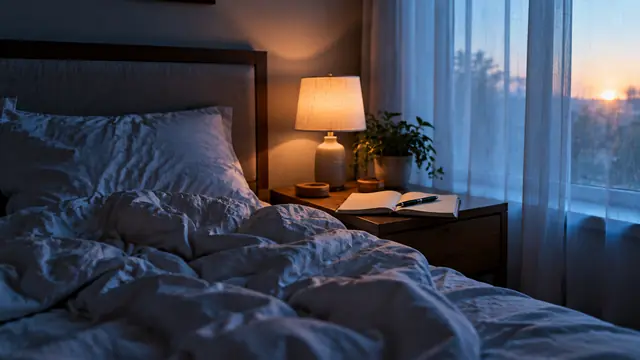 Cuarto en penumbra al amanecer, sábana arrugada sobre la cama vacía, cuaderno abierto y bolígrafo en la mesa de noche, luz azulada entrando por la cortina