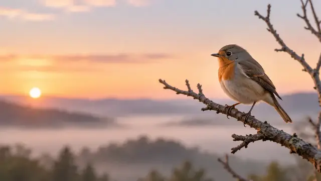 Pequena ave pousada em um galho sem folhas ao amanhecer, com céu claro em tons pastel
