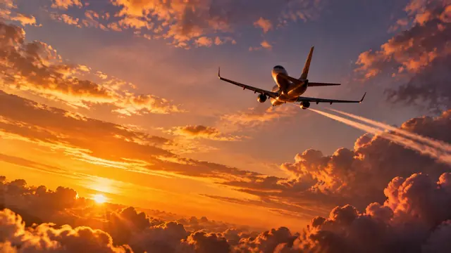 Avião comercial visto de baixo atravessando um céu de nuvens douradas ao pôr do sol, com rastro de luz